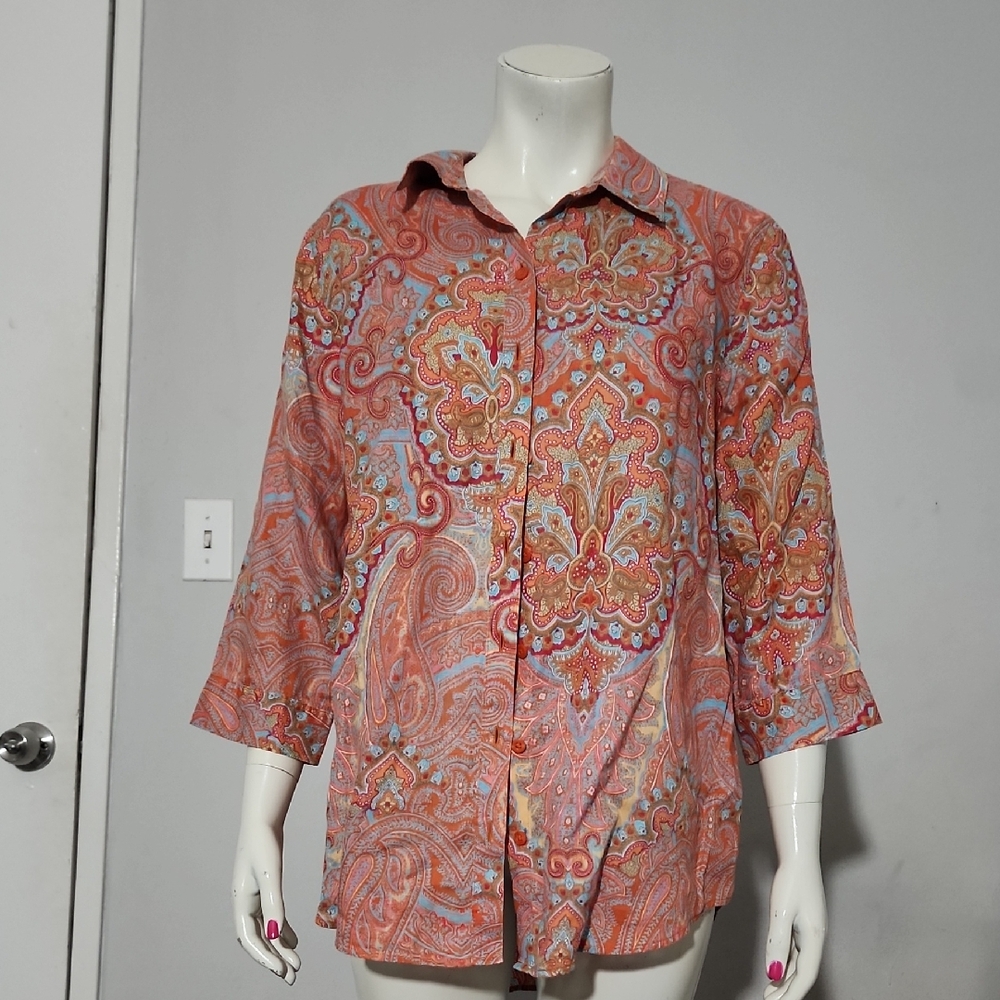 Nice Shirt by Chico's/ 2 Med / 100% Linen/ multi-color/‎ Orange Paisley